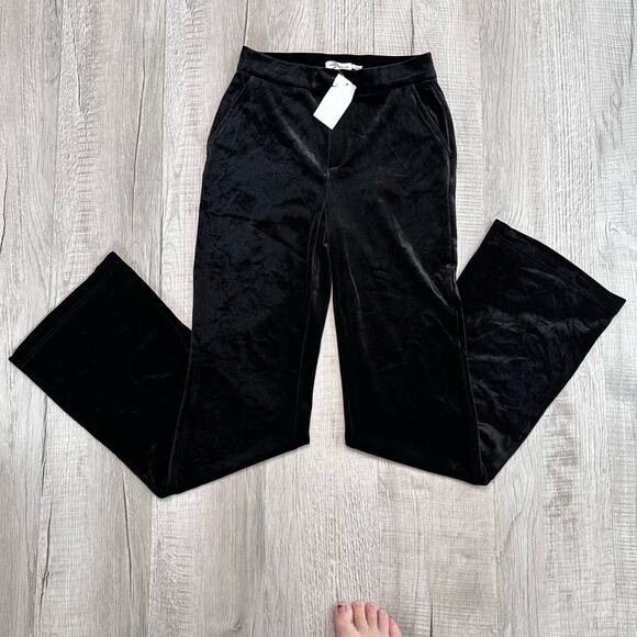 Good American Velour Pants Flare Legs WMNS 1 Black Velvet High Waisted Slimming - Picture 5 of 12